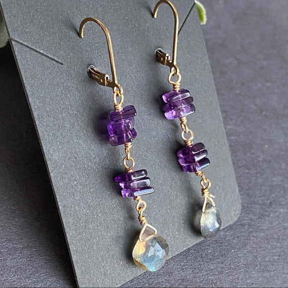 Amethyst Labradorite Dangle Earrings 14k Gold Filled Leverback - Picture 6 of 6